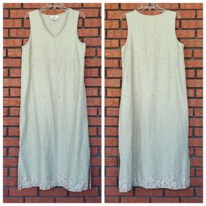 Vintage Overall Dress Sz 14 Linen Blend Green Floral Sleeveless Jumper Cottage